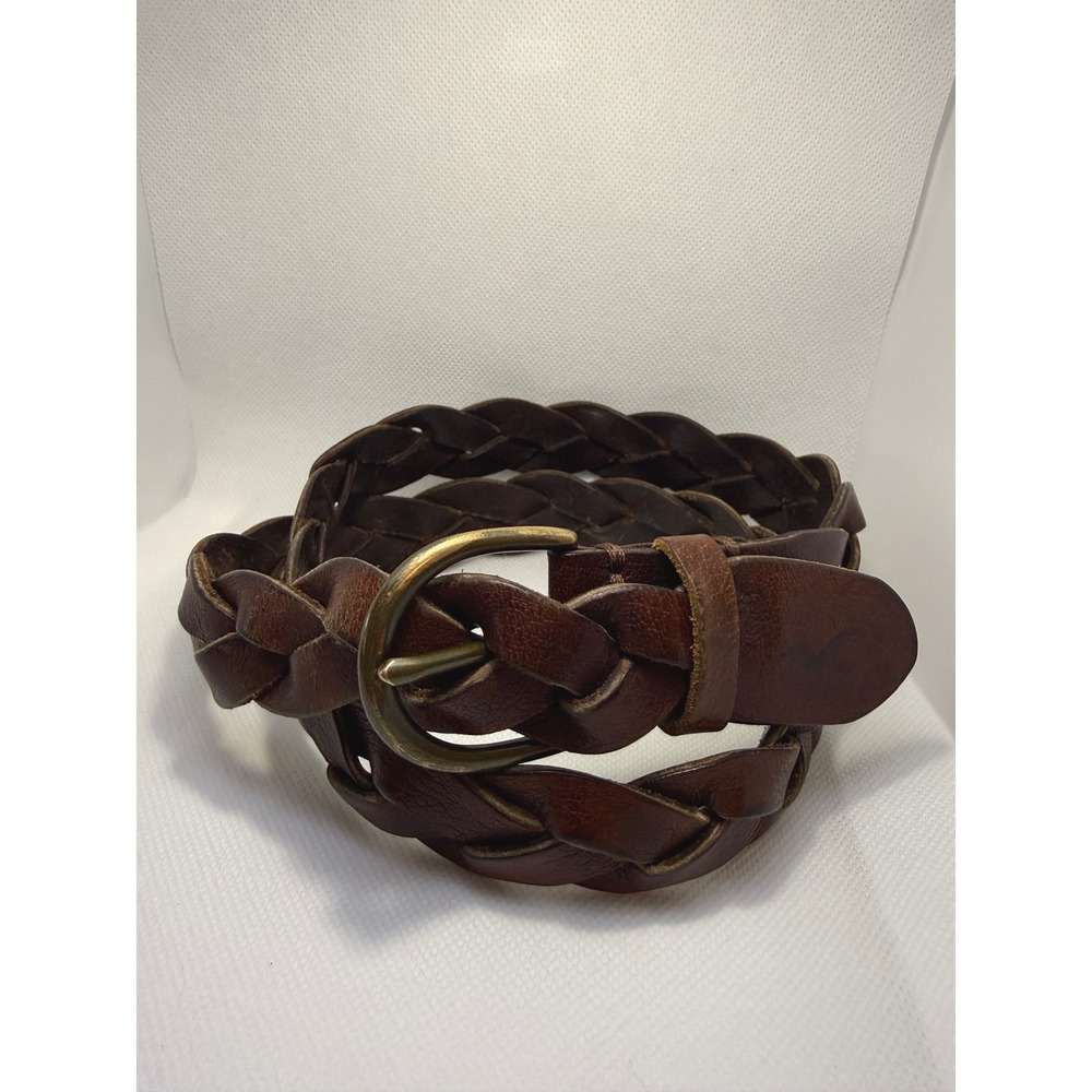 Hollister Womens Braided Genuine Leather Belt Dark Brown Brass Buckle Size XS/S
